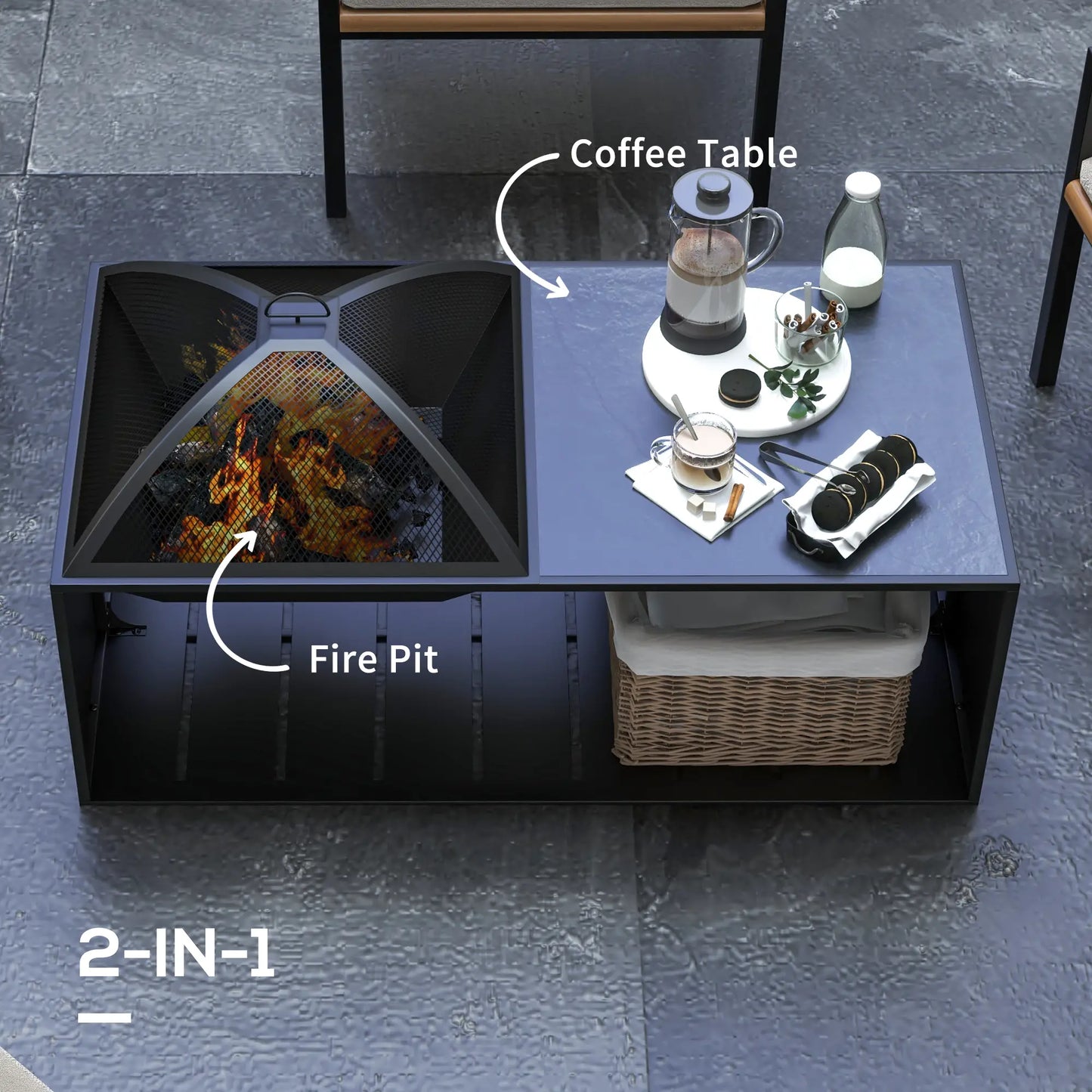 Fire Pit Coffee Table with Storage Shelf, Wood-burning Firepit with Spark Screen and Poker, Black