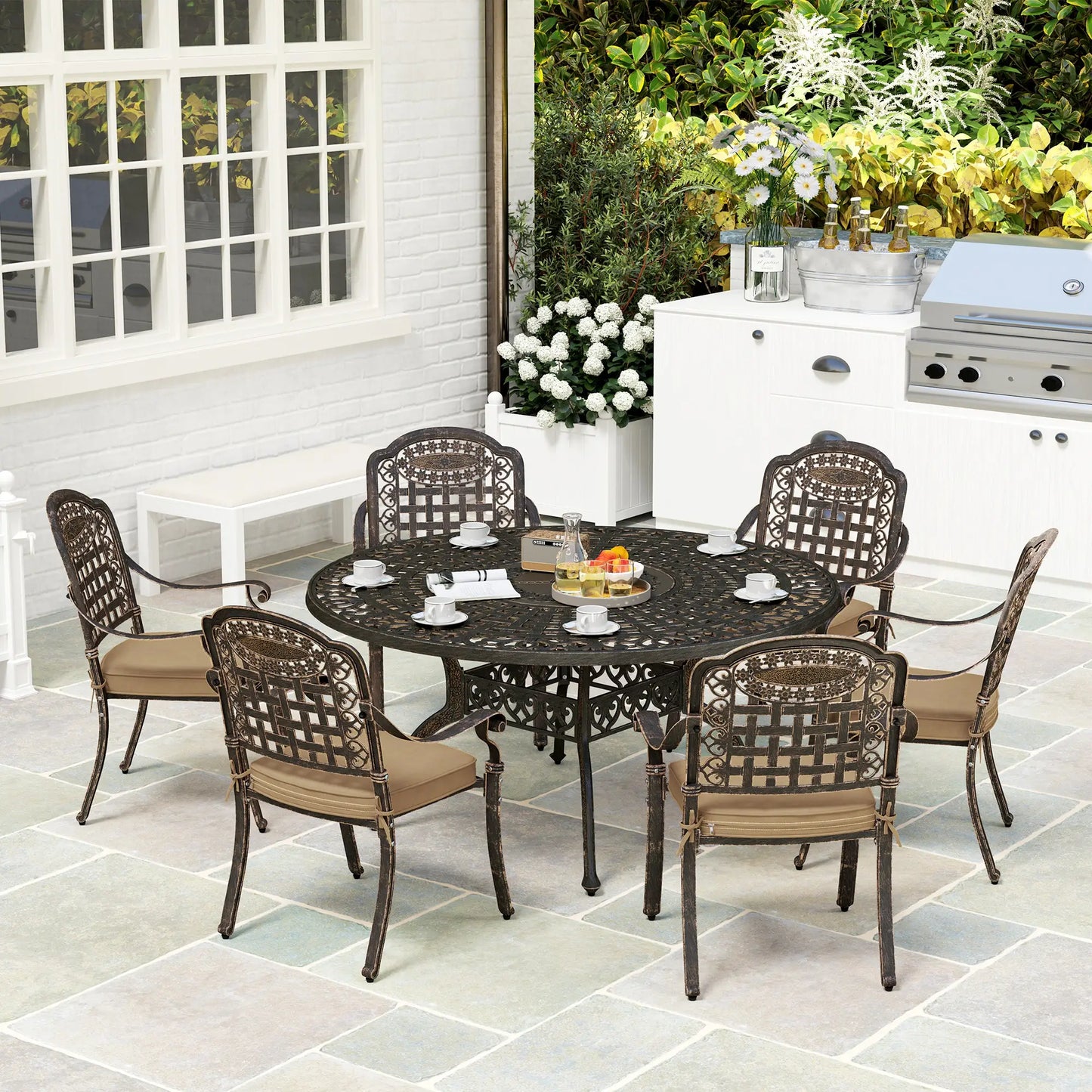 Outdoor Dining Set for 6, Aluminum Patio Table and Chairs Furniture Set with Umbrella Hole, Cushions, Bronze