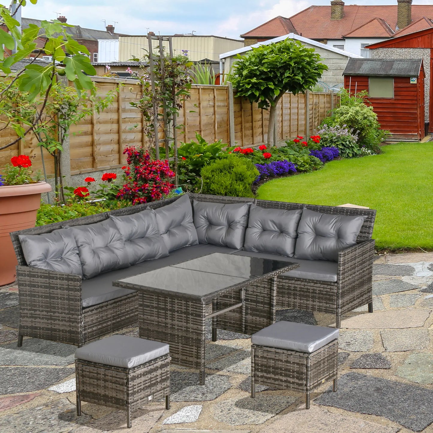 6pcs Outdoor Rattan Sofa Set Garden Wicker Sectional Couch Furniture Set with Dining Table and Chair Dark Grey