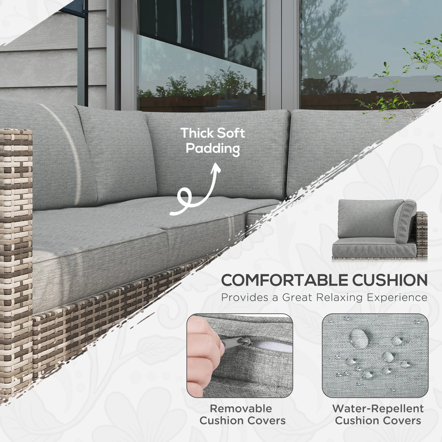 4 Pieces Rattan Wicker Outdoor Conversation Furniture Set w/ Corner Sofa Loveseats Coffee Table Cushions, Mixed Grey