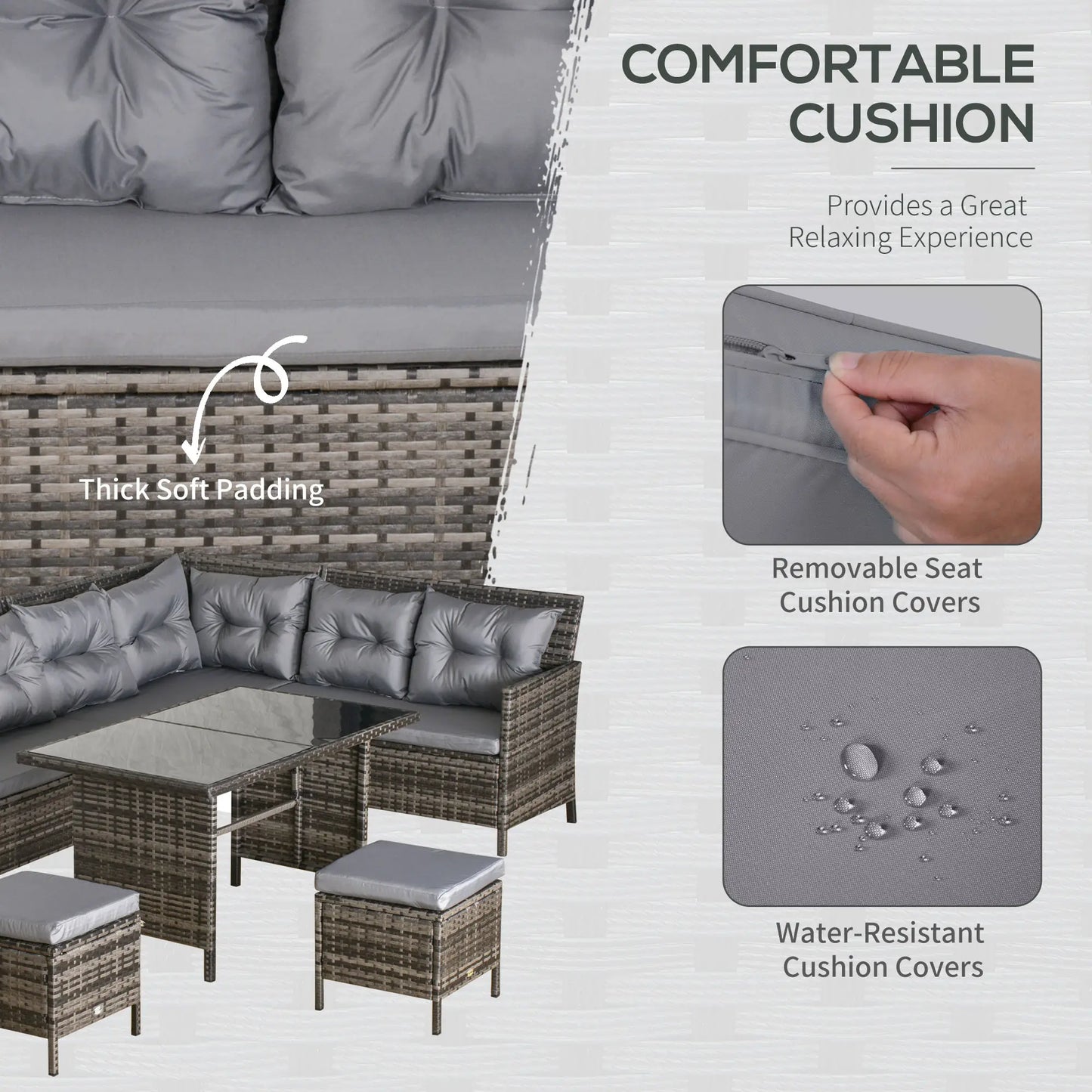 6pcs Outdoor Rattan Sofa Set Garden Wicker Sectional Couch Furniture Set with Dining Table and Chair Dark Grey