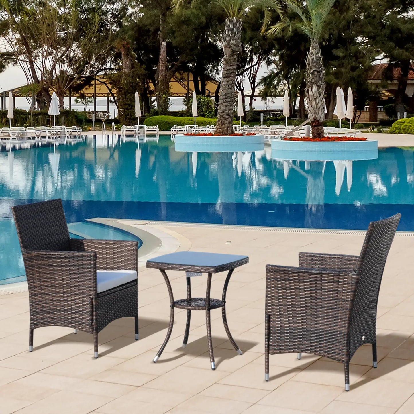 3-Piece Wicker Patio Furniture Set, Rattan Bistro Set with Glass Top Table and Cushions, Outdoor Conversation Set for Garden, Porch, or Balcony.