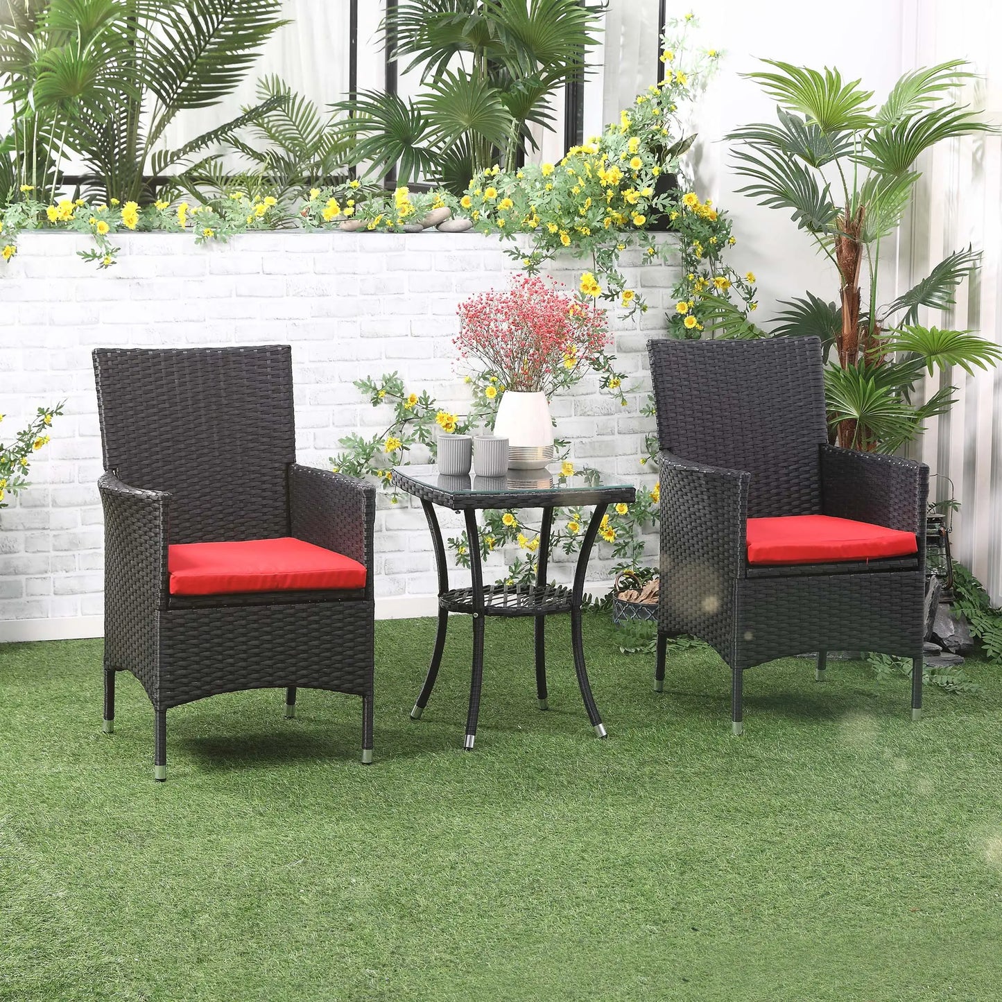 3-Piece Wicker Patio Furniture Set, Rattan Bistro Set with Glass Top Table and Cushions, Outdoor Conversation Set for Garden, Porch, Balcony, Red.