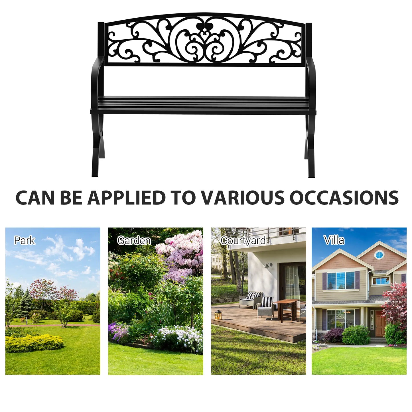 50" 2-Seater Garden Bench, Patio Porch Decorative Chair Cast Iron Loveseat Outdoor Furniture for Yard, Lawn, Porch, Black