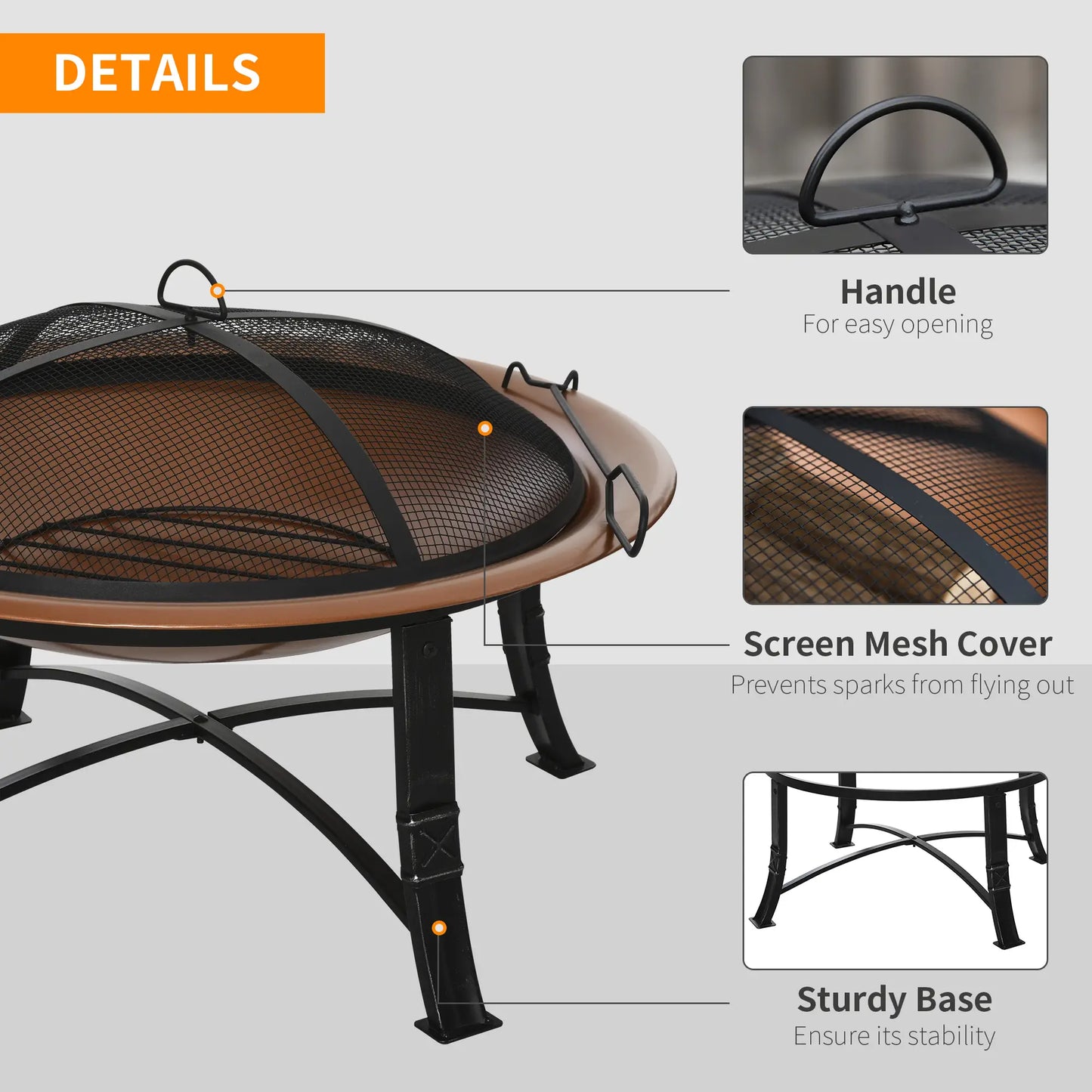 30" Outdoor Fire Pit Bowl, Round Fire Pit with Lid, Log Grate, Poker for Backyard, Camping, Picnic, Bronze