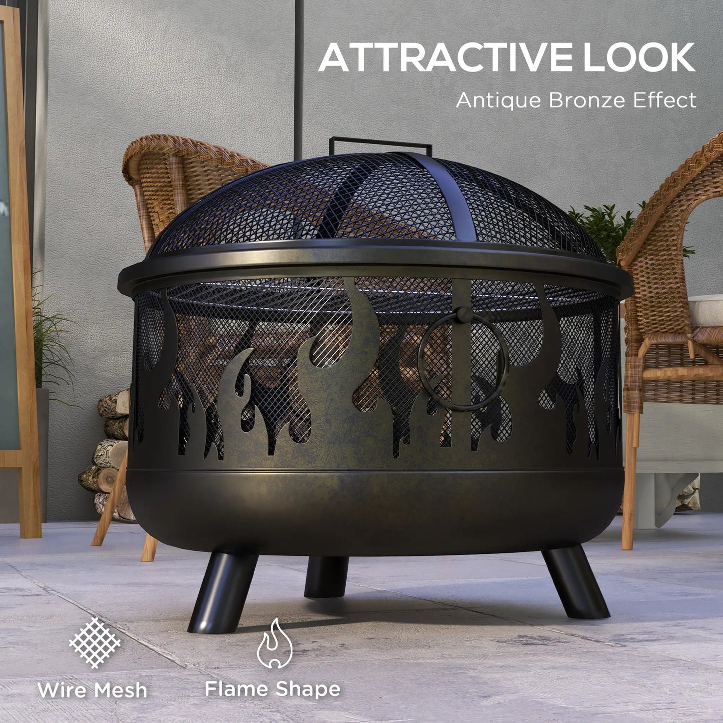 Outdoor Metal Fire Pit, 24" Round Firepit Bowl w/ Lid Grill Poker Handles for Garden, Camping, BBQ, Bonfire, Black