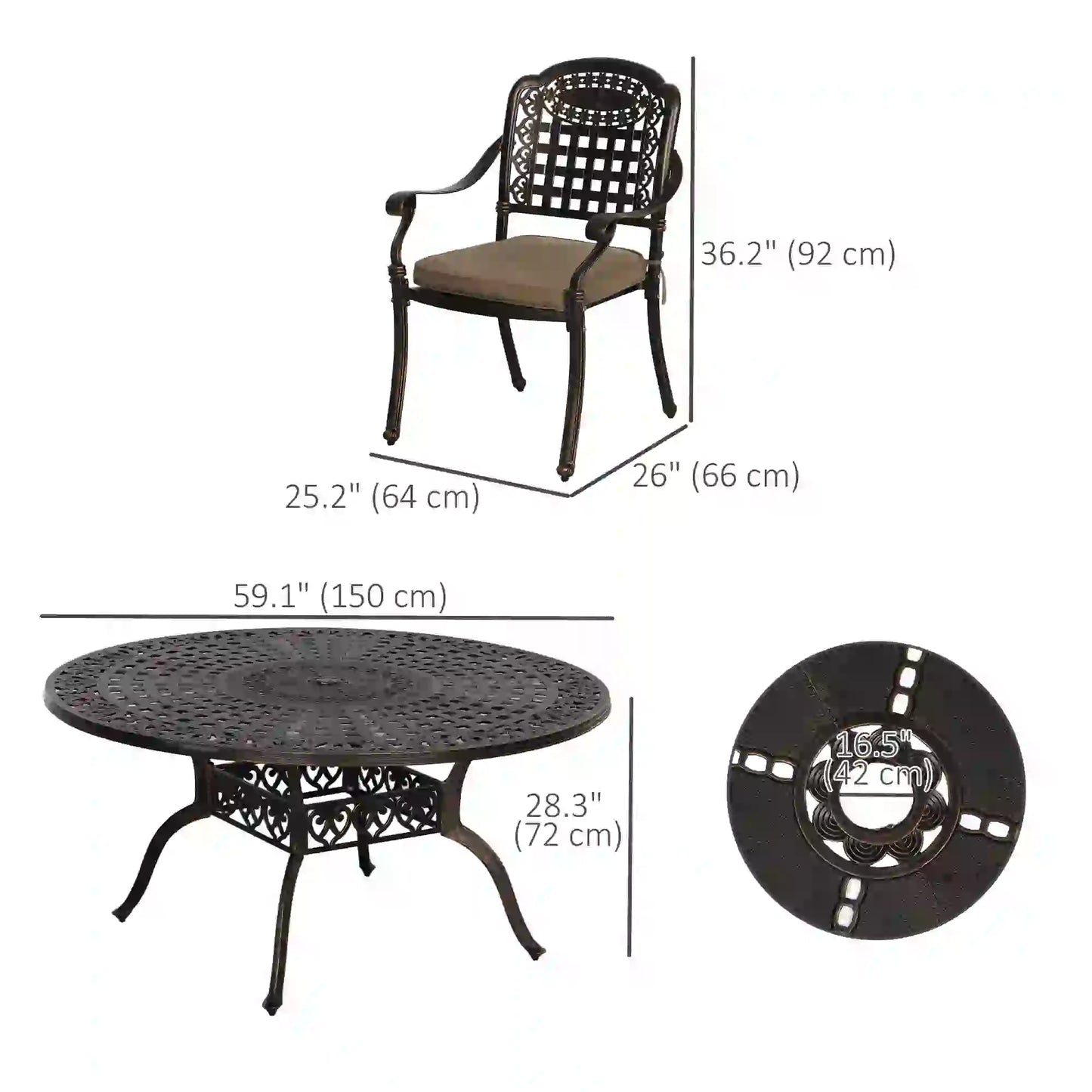 Outdoor Dining Set for 6, Aluminum Patio Table and Chairs Furniture Set with Umbrella Hole, Cushions, Bronze