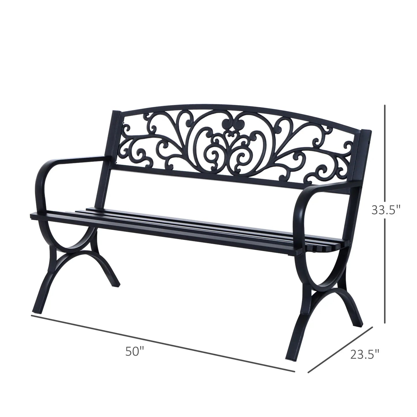 50" 2-Seater Garden Bench, Patio Porch Decorative Chair Cast Iron Loveseat Outdoor Furniture for Yard, Lawn, Porch, Black