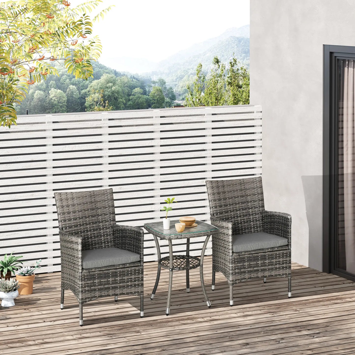 3-Piece Wicker Patio Furniture Set, Rattan Bistro Set with Glass Top Table and Cushions, Outdoor Conversation Set for Garden, Porch, Balcony, Mixed Grey