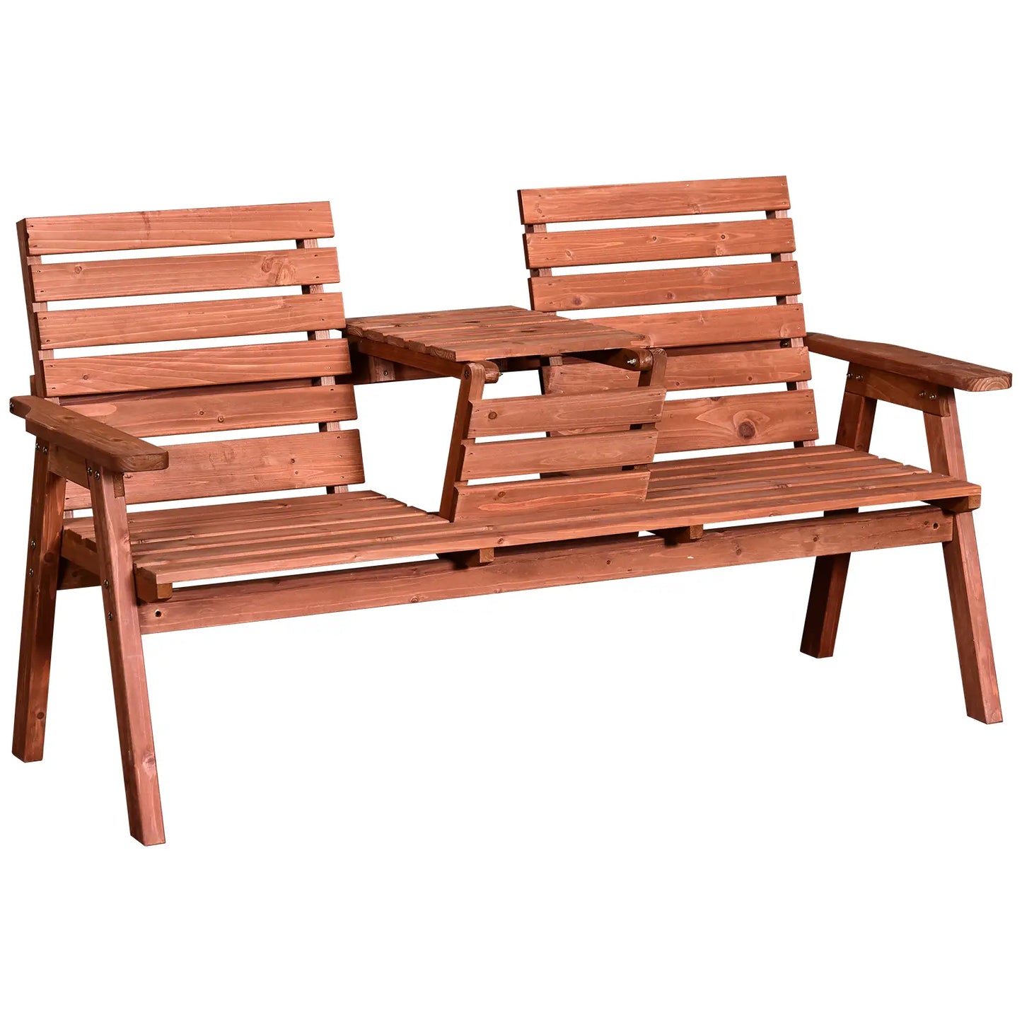 3-Seater Outdoor Bench with Convertible Middle Table, Garden Wooden Patio Loveseat with Middle Table for 2 Persons w/ Slatted Seat and Backrest, Armrests, Orange