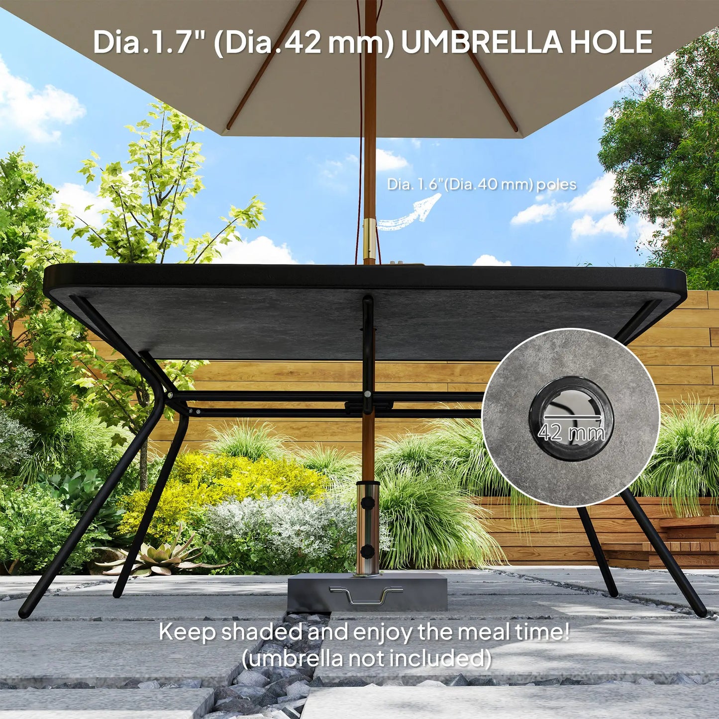 Rectangle Outdoor Dining Table for 6, with 1.7" Umbrella Hole, Easy Clean DPC Plastic Tabletop, 55" x 31.5" x 28"