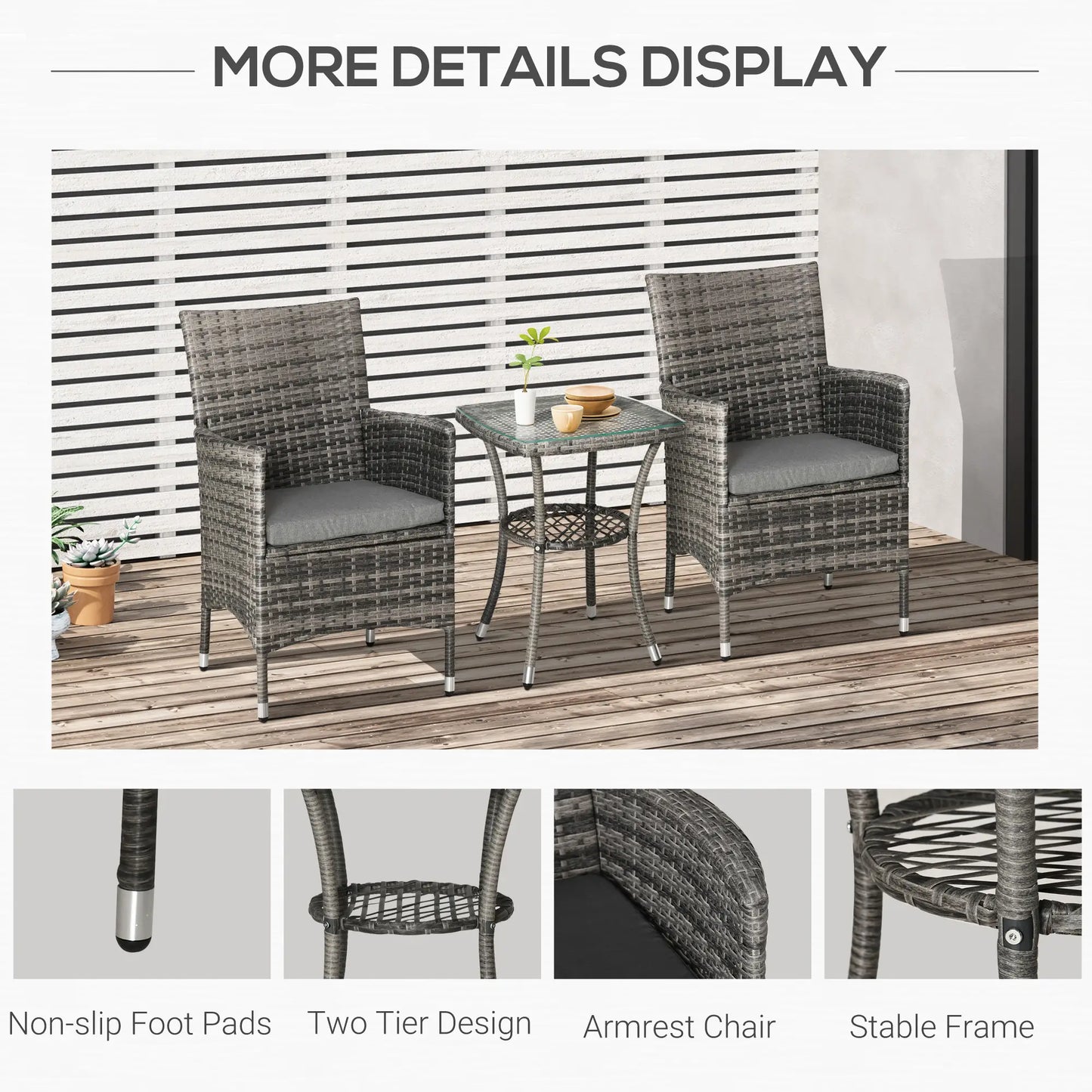 3-Piece Wicker Patio Furniture Set, Rattan Bistro Set with Glass Top Table and Cushions, Outdoor Conversation Set for Garden, Porch, Balcony, Mixed Grey
