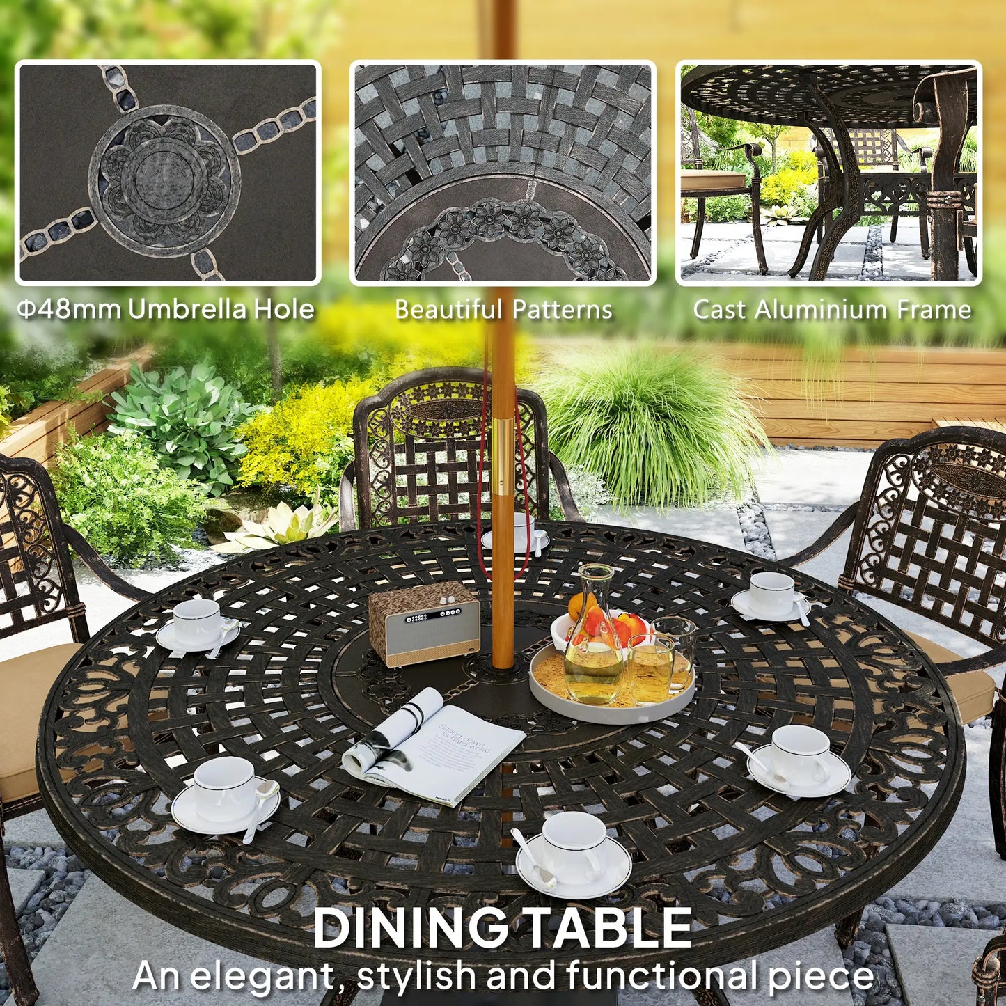 Outdoor Dining Set for 6, Aluminum Patio Table and Chairs Furniture Set with Umbrella Hole, Cushions, Bronze