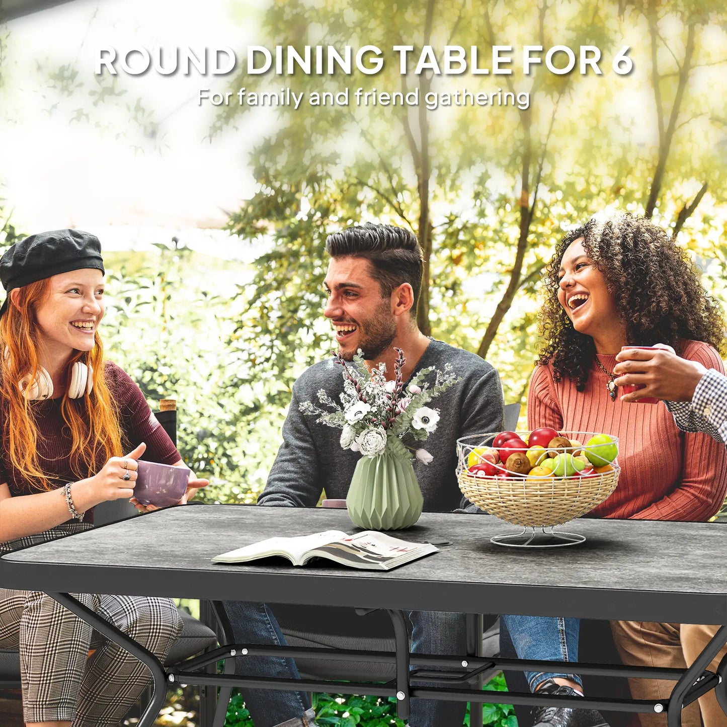Rectangle Outdoor Dining Table for 6, with 1.7" Umbrella Hole, Easy Clean DPC Plastic Tabletop, 55" x 31.5" x 28"