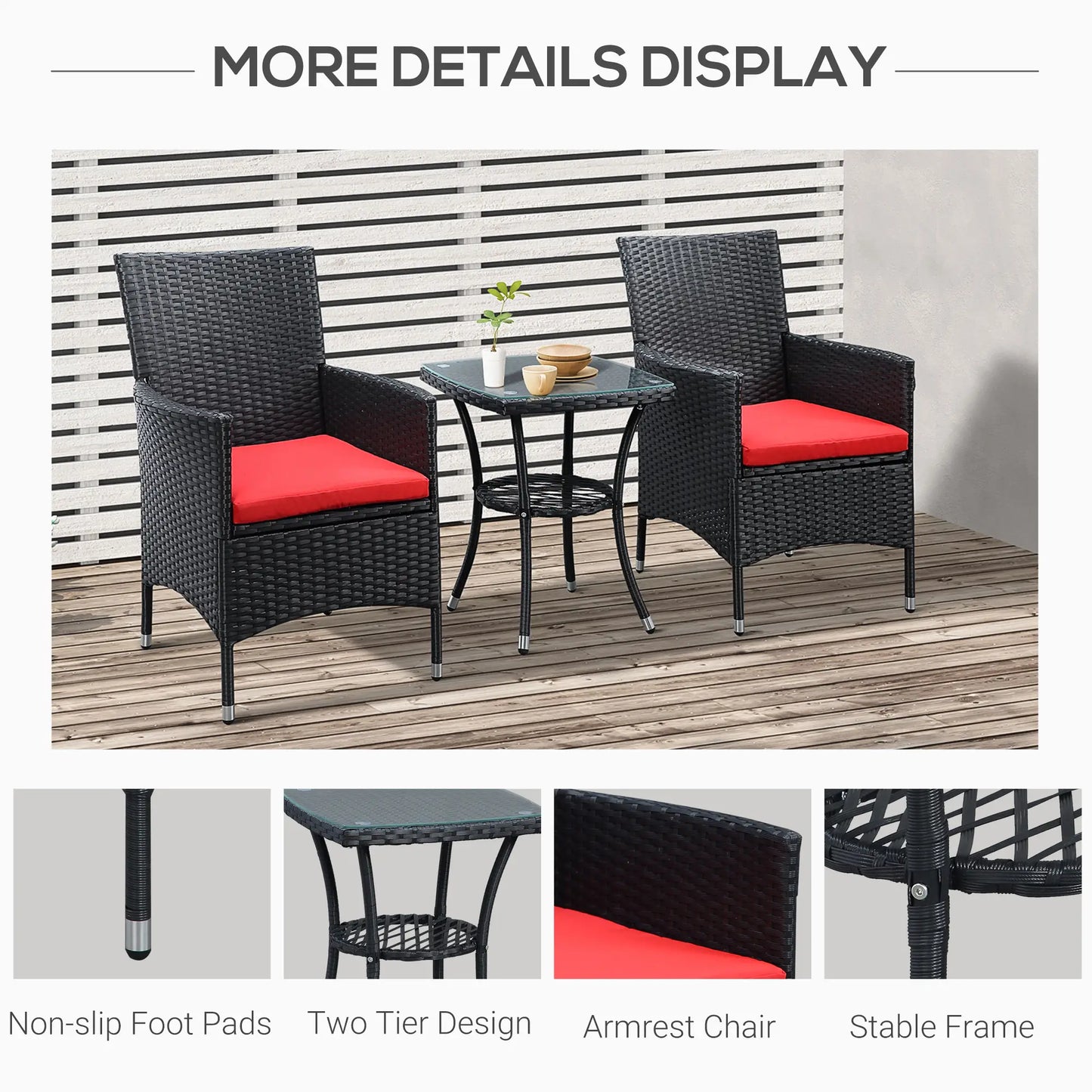 3-Piece Wicker Patio Furniture Set, Rattan Bistro Set with Glass Top Table and Cushions, Outdoor Conversation Set for Garden, Porch, Balcony, Red.