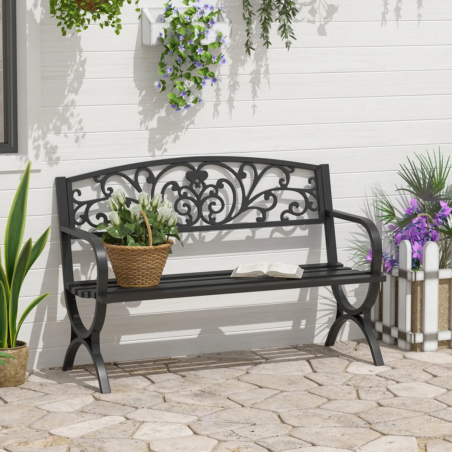 50" 2-Seater Garden Bench, Patio Porch Decorative Chair Cast Iron Loveseat Outdoor Furniture for Yard, Lawn, Porch, Black