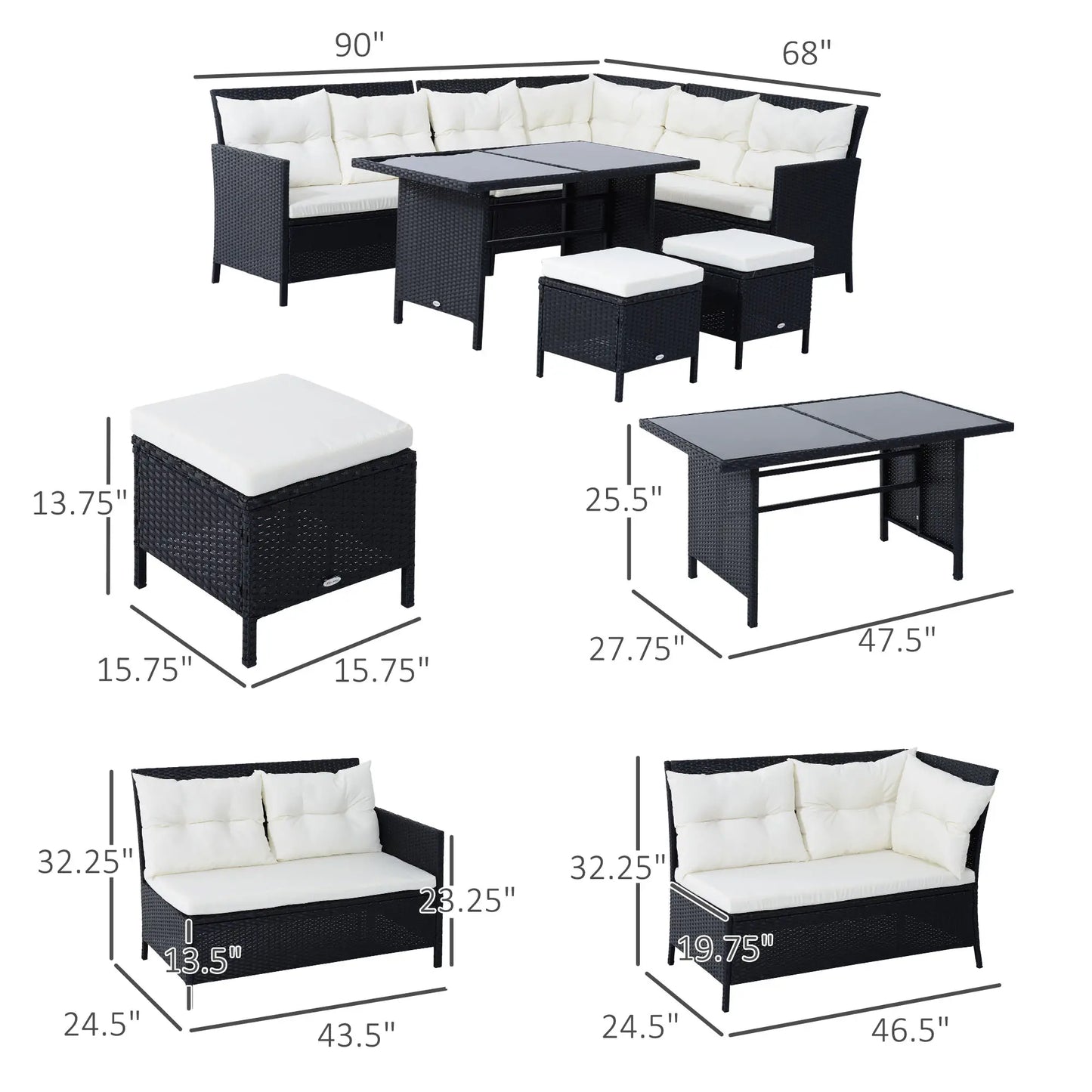 6pcs Outdoor Rattan Sofa Set Garden Wicker Sectional Couch Furniture Set with Dining Table and Chair White