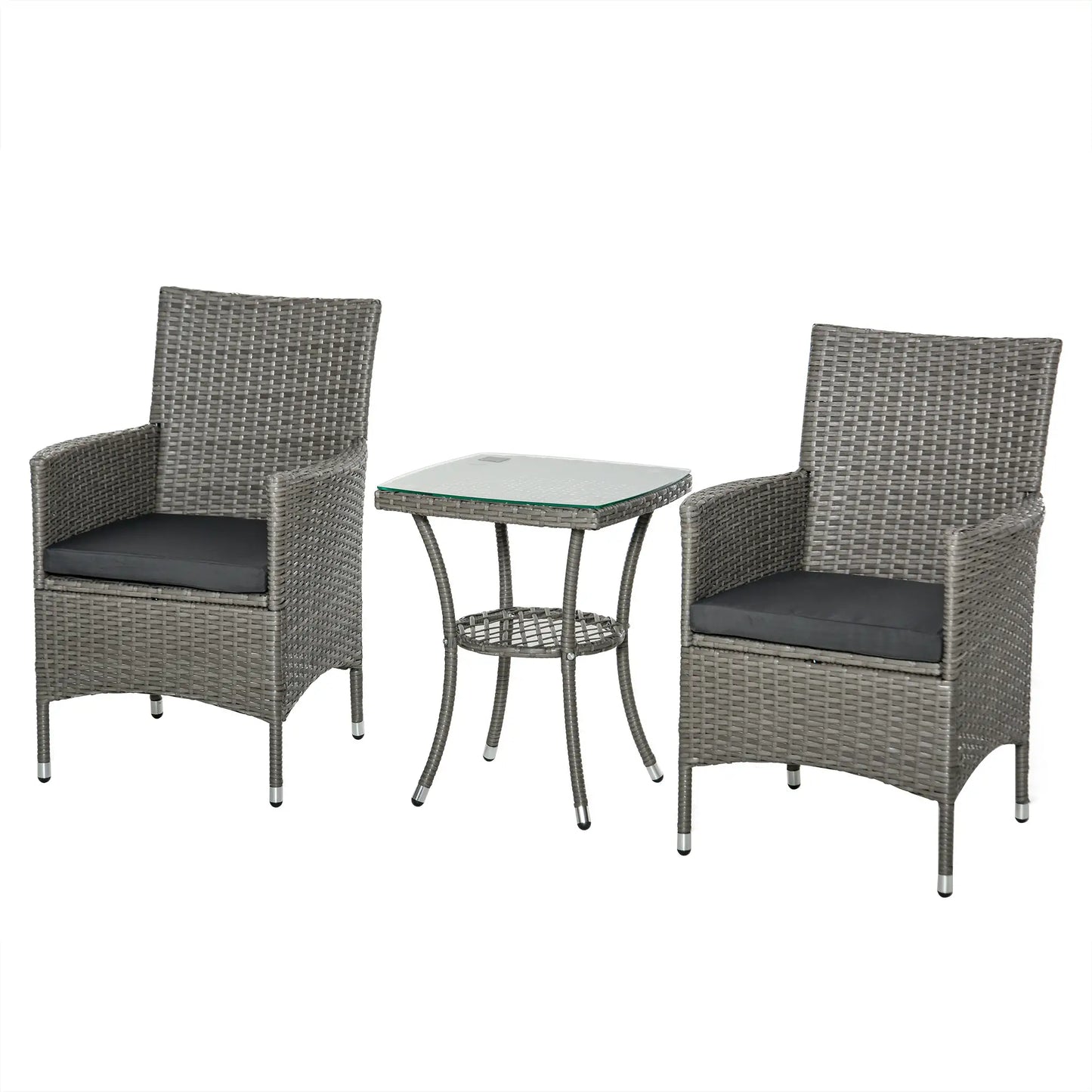 3 Pieces Wicker Patio Furniture Set, Rattan Bistro Set with Glass Top Coffee Table and Cushions, Outdoor Conversation Set for Garden, Porch, Balcony, Grey