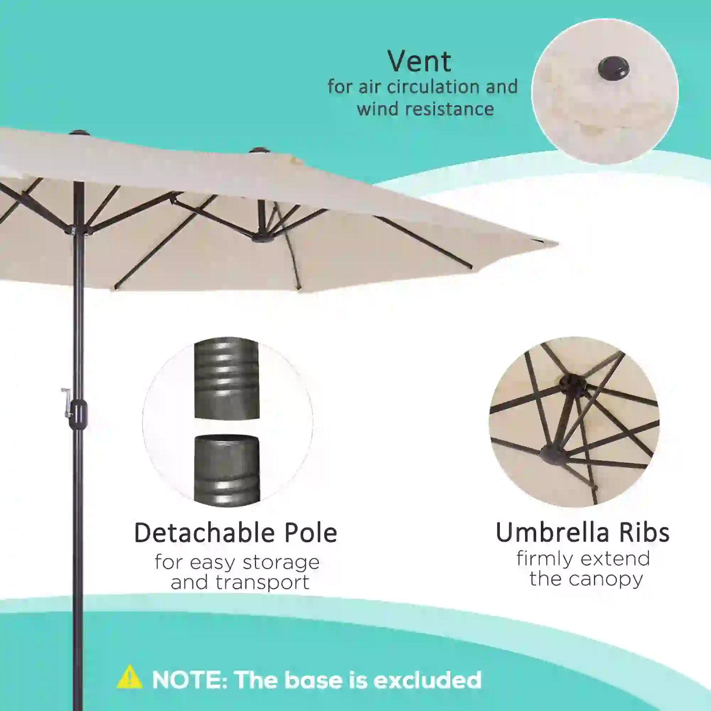 15' Outdoor Patio Umbrella with Twin Canopy Sunshade Steel Table Umbrella with Lift Crank ,Stand is EXCLUDED, Beige