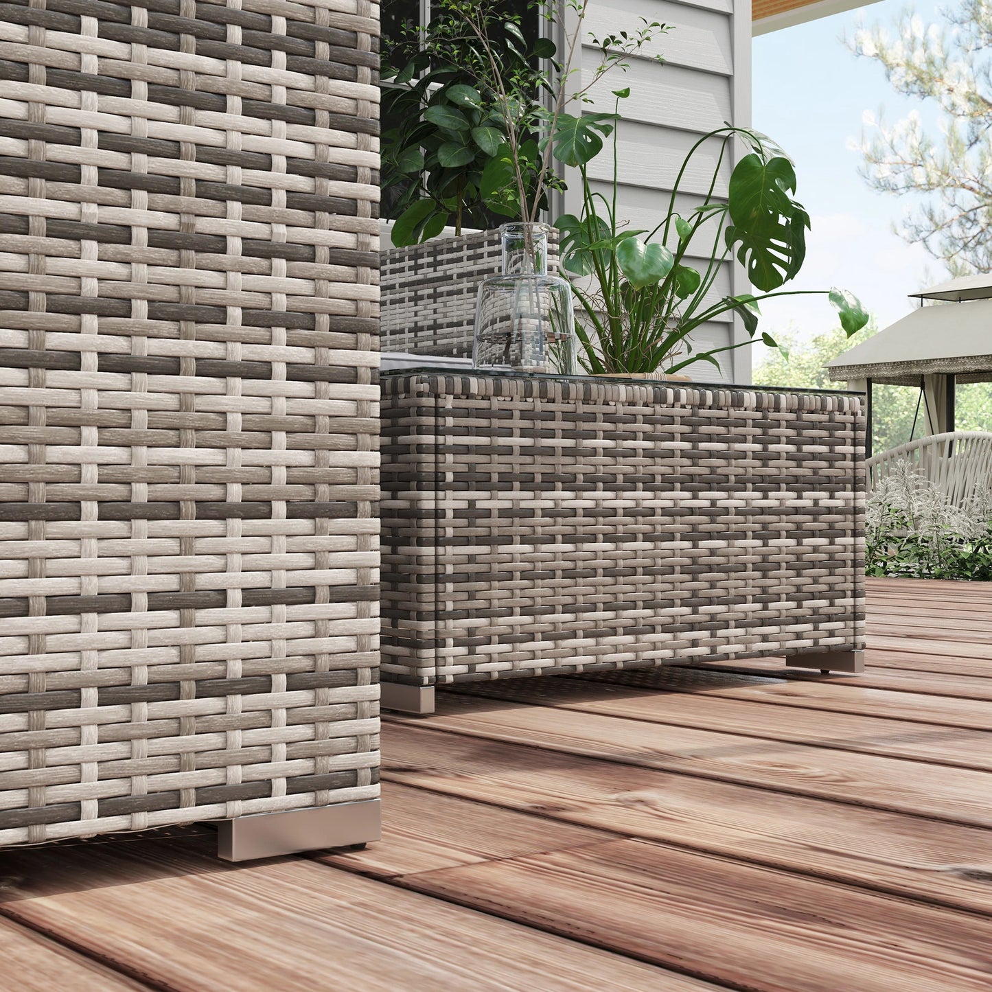 4 Pieces Rattan Wicker Outdoor Conversation Furniture Set w/ Corner Sofa Loveseats Coffee Table Cushions, Grey