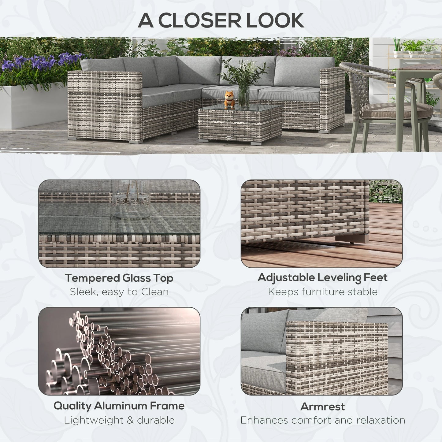4 Pieces Rattan Wicker Outdoor Conversation Furniture Set w/ Corner Sofa Loveseats Coffee Table Cushions, Mixed Grey