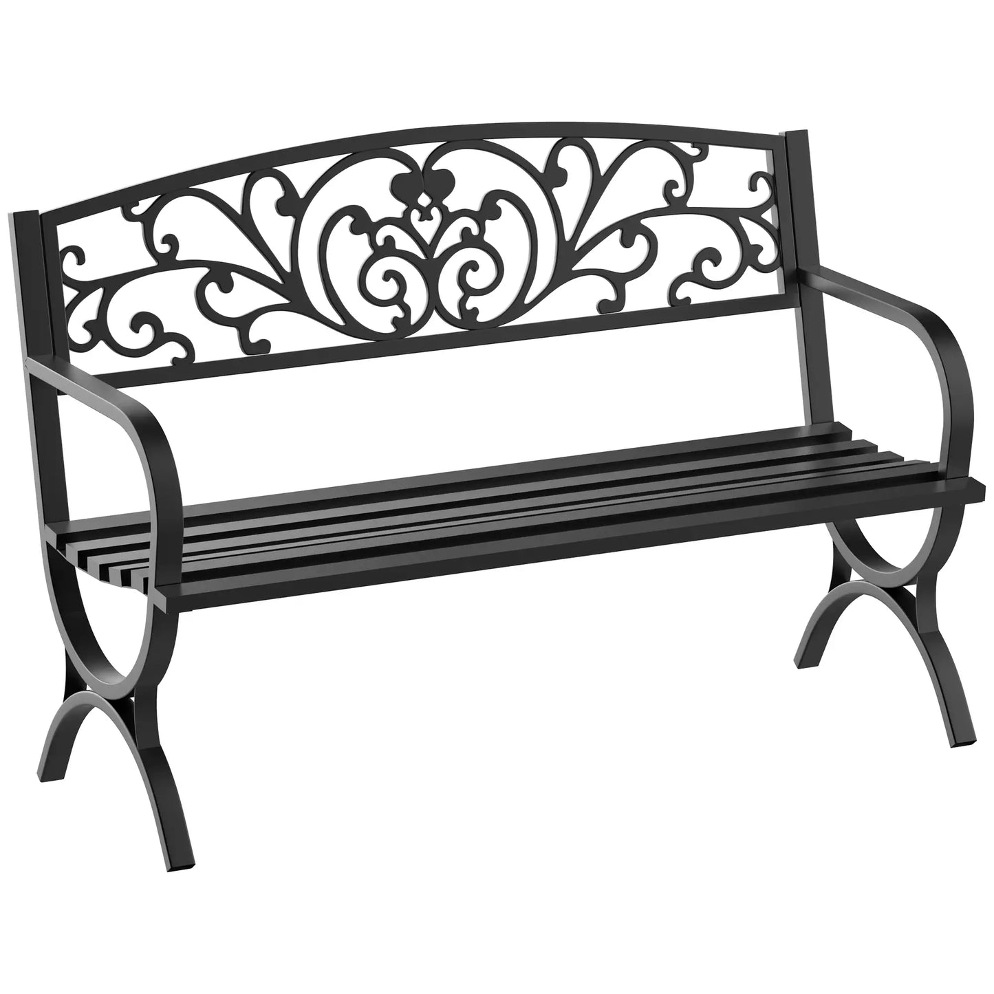 50" 2-Seater Garden Bench, Patio Porch Decorative Chair Cast Iron Loveseat Outdoor Furniture for Yard, Lawn, Porch, Black