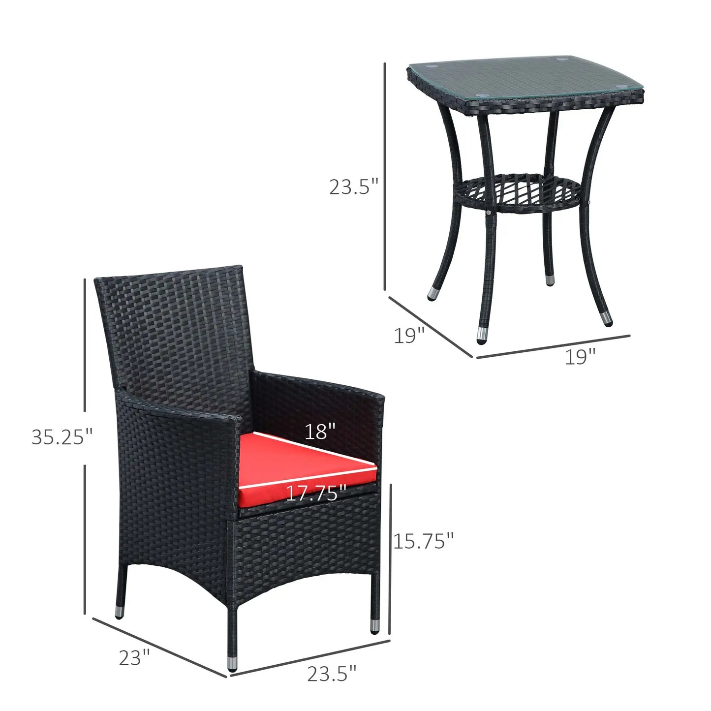 3-Piece Wicker Patio Furniture Set, Rattan Bistro Set with Glass Top Table and Cushions, Outdoor Conversation Set for Garden, Porch, Balcony, Red.