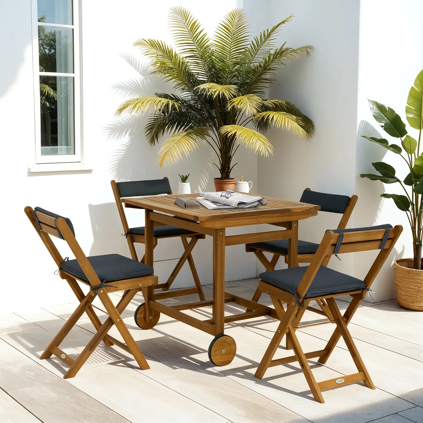 5 Pieces Wood Patio Dining Set, Wheeled Patio Table and Folding Chairs with Cushions for Garden Backyard Poolside, Teak