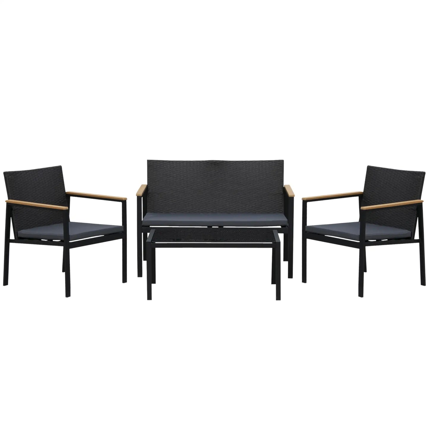4 Pieces Wicker Patio Furniture Set with Cushions, Outdoor Rattan PE Rattan Conversation Set, Chairs and Loveseat with PS Board Armrests Decoration, Glass Top Table, Black