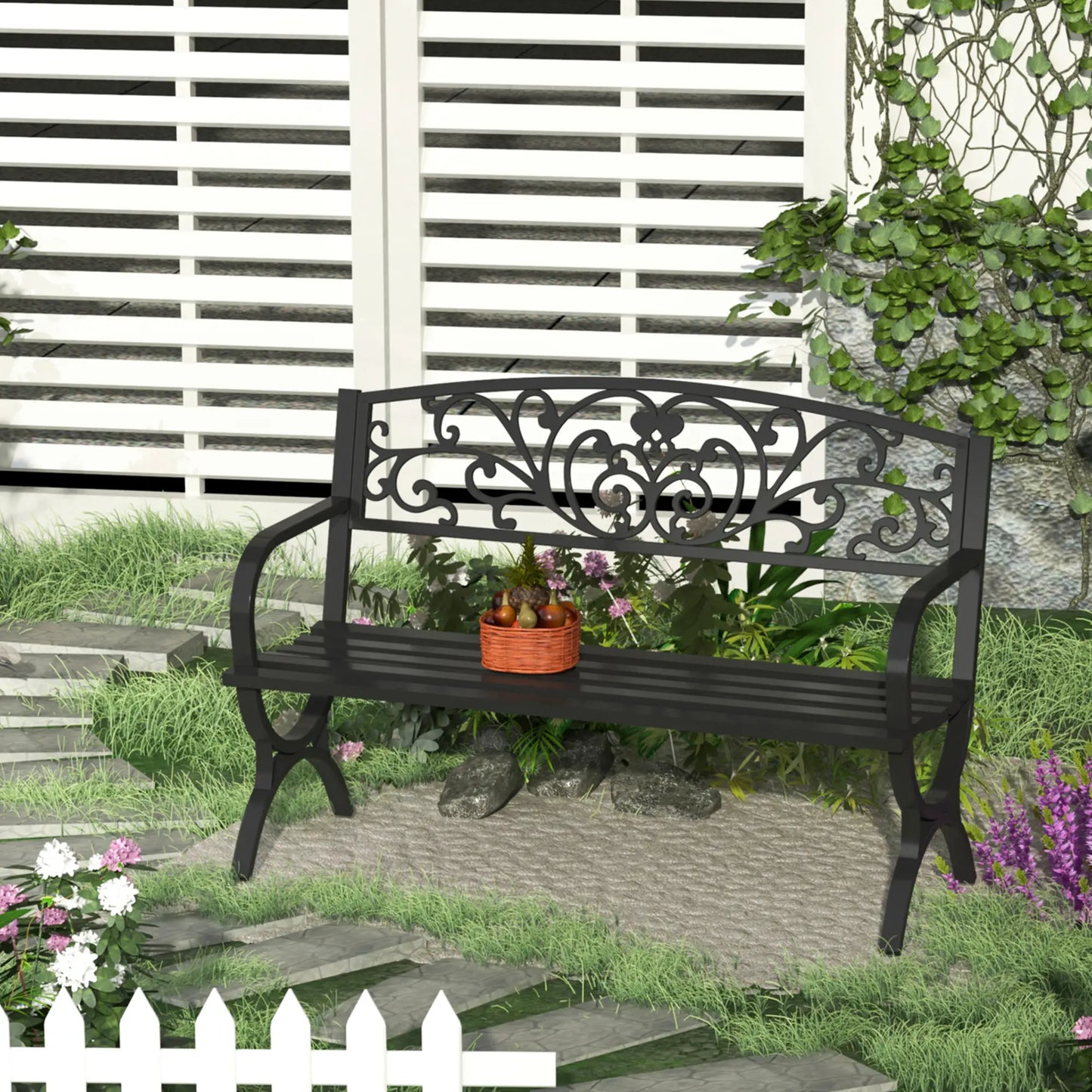 50" 2-Seater Garden Bench, Patio Porch Decorative Chair Cast Iron Loveseat Outdoor Furniture for Yard, Lawn, Porch, Black