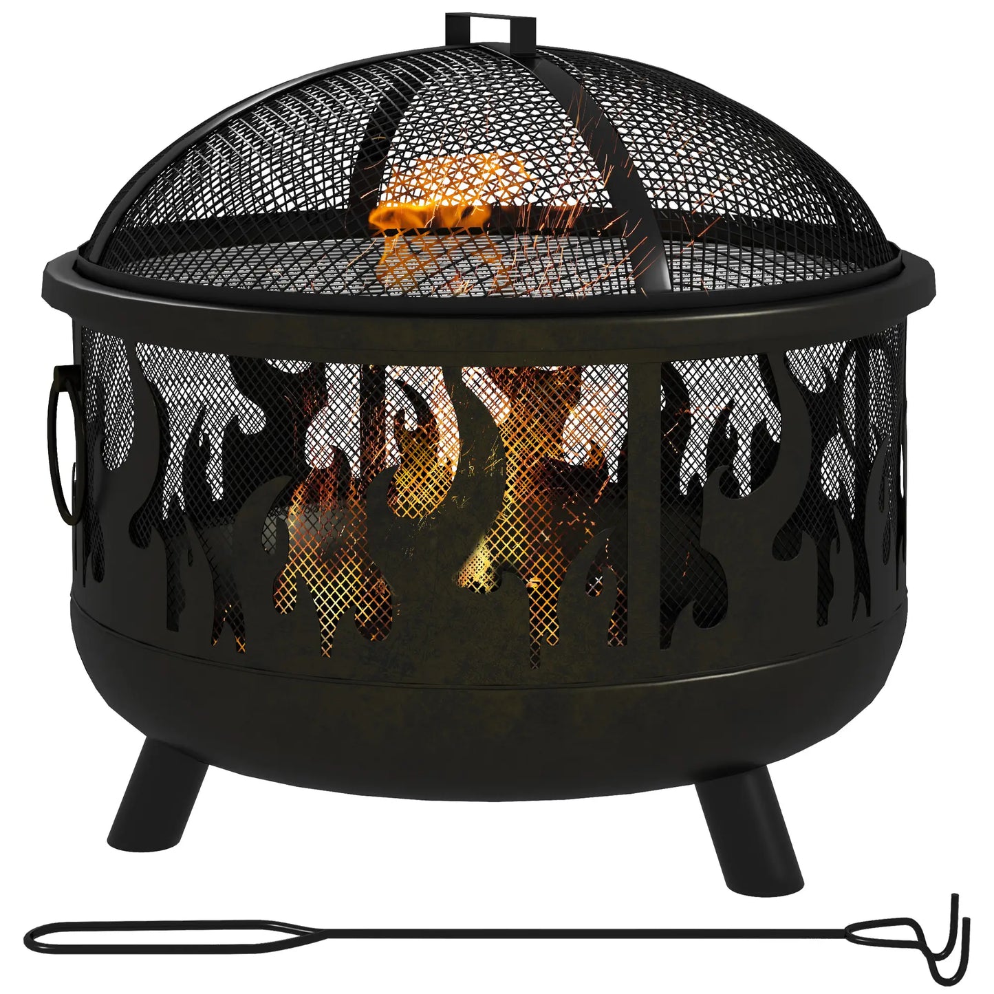 Outdoor Metal Fire Pit, 24" Round Firepit Bowl w/ Lid Grill Poker Handles for Garden, Camping, BBQ, Bonfire, Black