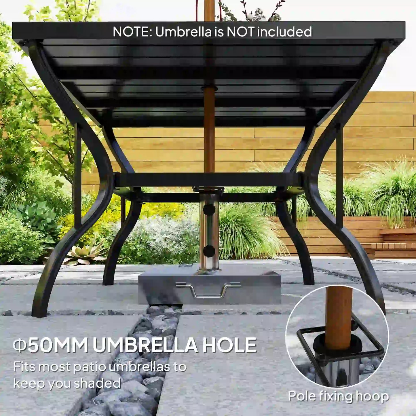 37" Square Outdoor Dining Table, Galvanized Steel Patio Table with 2" Umbrella Hole, Slatted Metal Top, Black