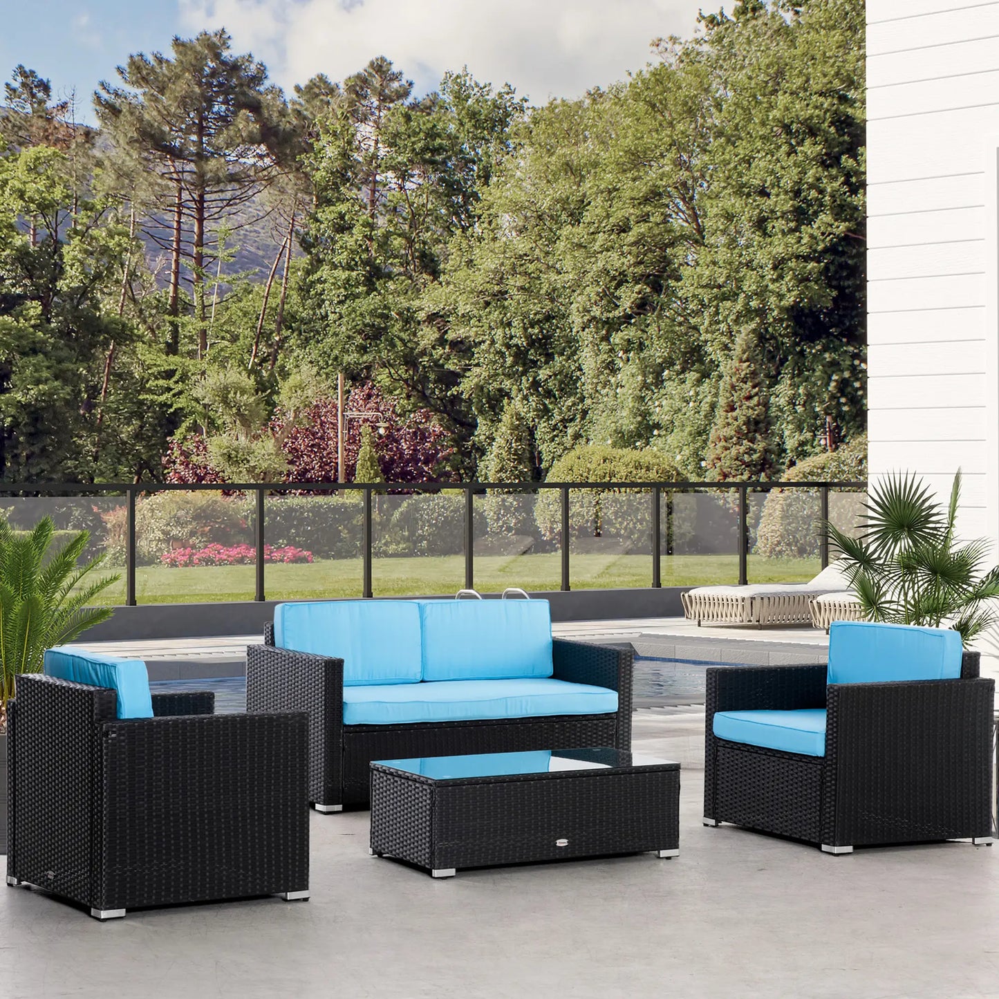 4 Pieces Wicker Patio Furniture Set with Thick Cushions, Outdoor PE Rattan Conversation Sofa Set with Glass Top Table & Extra Wide Seat, Sky Blue