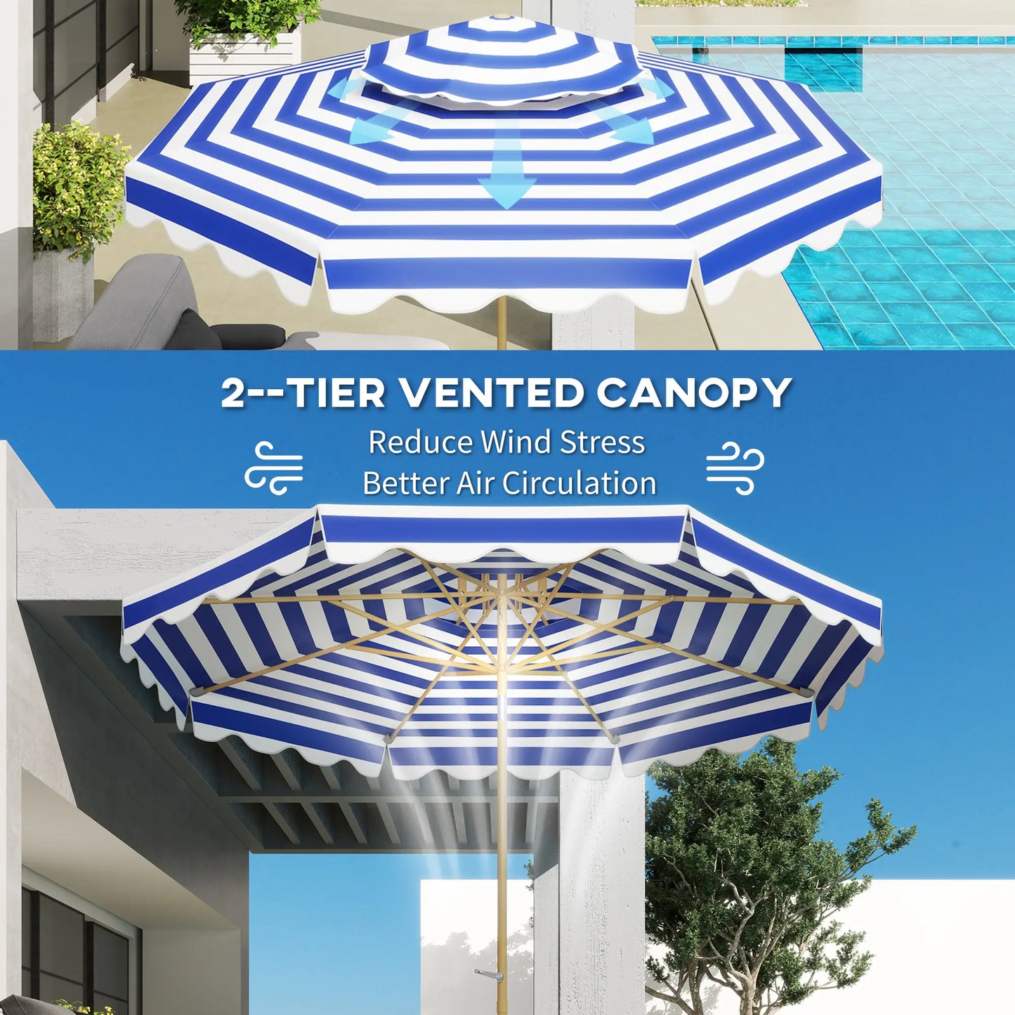 9FT Patio Umbrella with 8 Ribs, Crank, Tilt, UPF 50+, 2-Tier Vent for Garden, Deck, Poolside, Blue