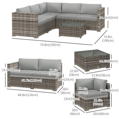 4 Pieces Rattan Wicker Outdoor Conversation Furniture Set w/ Corner Sofa Loveseats Coffee Table Cushions, Mixed Grey
