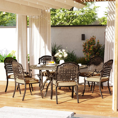 Outdoor Dining Set for 6, Aluminum Patio Table and Chairs Furniture Set with Umbrella Hole, Cushions, Bronze
