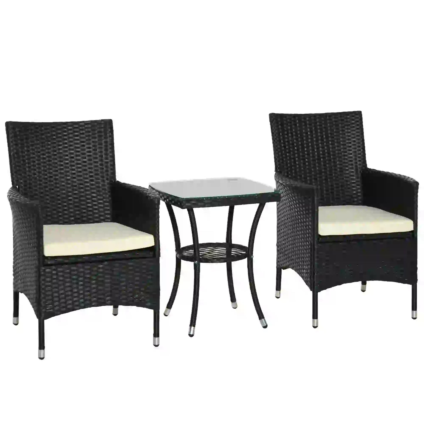 3-Piece Patio Bistro Set, Outdoor PE Rattan Furniture with Two Armchairs and Glass Top Table, Black.