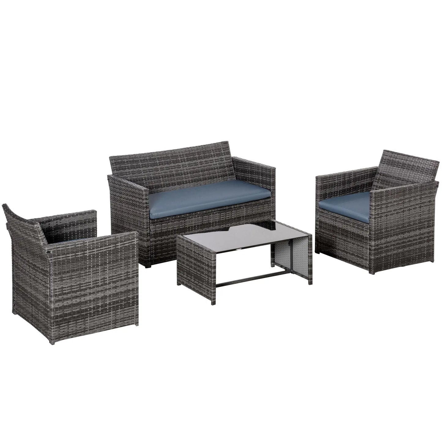 4 Pieces Patio Furniture Set with Cushions, Outdoor PE Rattan Wicker Conversation Garden Sofa Set with 2-Seater Chairs & Glass Coffee Table, Grey