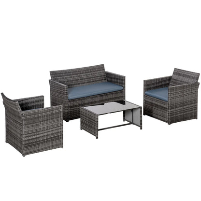 4 Pieces Patio Furniture Set with Cushions, Outdoor PE Rattan Wicker Conversation Garden Sofa Set with 2-Seater Chairs & Glass Coffee Table, Grey
