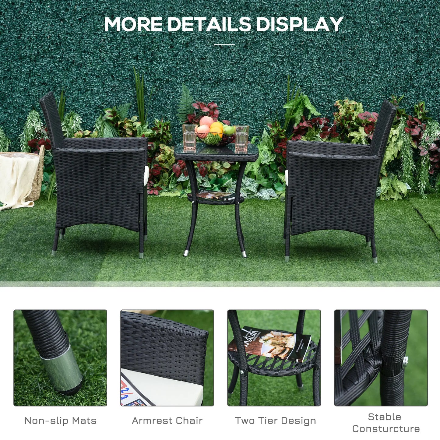 3-Piece Patio Bistro Set, Outdoor PE Rattan Furniture with Two Armchairs and Glass Top Table, Black.