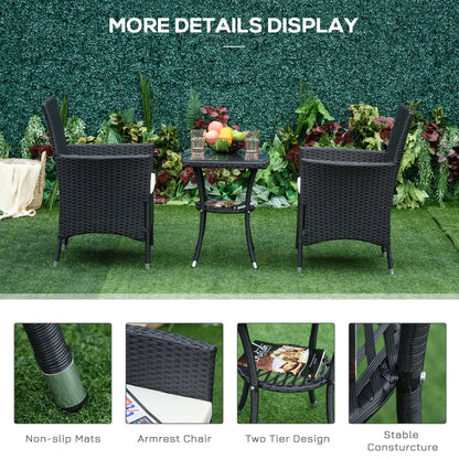 3-Piece Patio Bistro Set, Outdoor PE Rattan Furniture with Two Armchairs and Glass Top Table, Black.