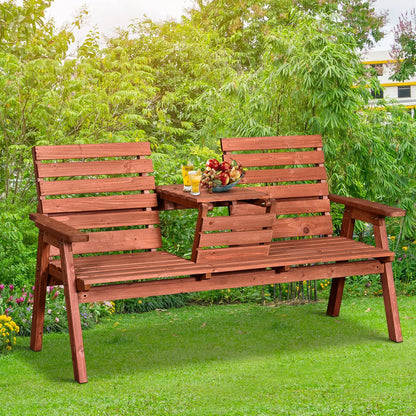3-Seater Outdoor Bench with Convertible Middle Table, Garden Wooden Patio Loveseat with Middle Table for 2 Persons w/ Slatted Seat and Backrest, Armrests, Orange
