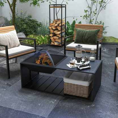 Fire Pit Coffee Table with Storage Shelf, Wood-burning Firepit with Spark Screen and Poker, Black