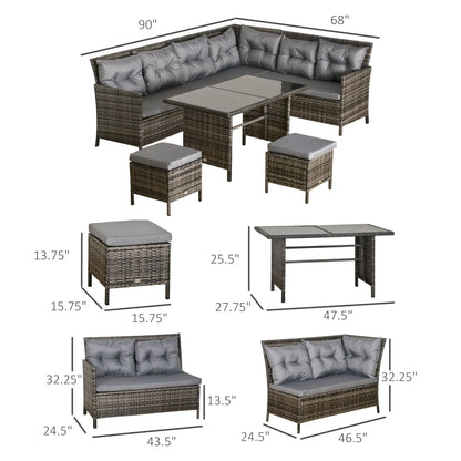 6pcs Outdoor Rattan Sofa Set Garden Wicker Sectional Couch Furniture Set with Dining Table and Chair Dark Grey