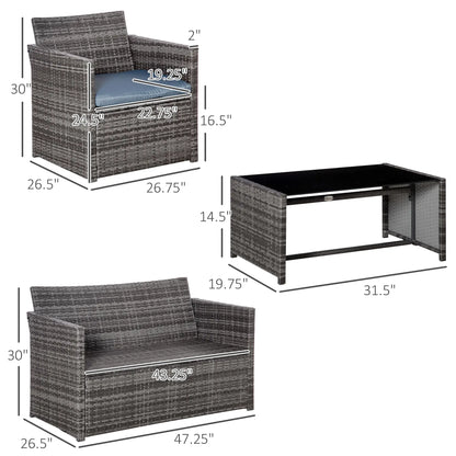 4 Pieces Patio Furniture Set with Cushions, Outdoor PE Rattan Wicker Conversation Garden Sofa Set with 2-Seater Chairs & Glass Coffee Table, Grey