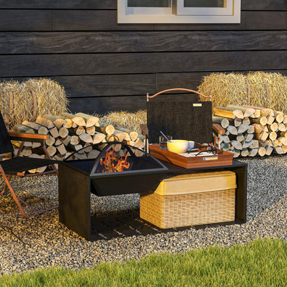 Fire Pit Coffee Table with Storage Shelf, Wood-burning Firepit with Spark Screen and Poker, Black