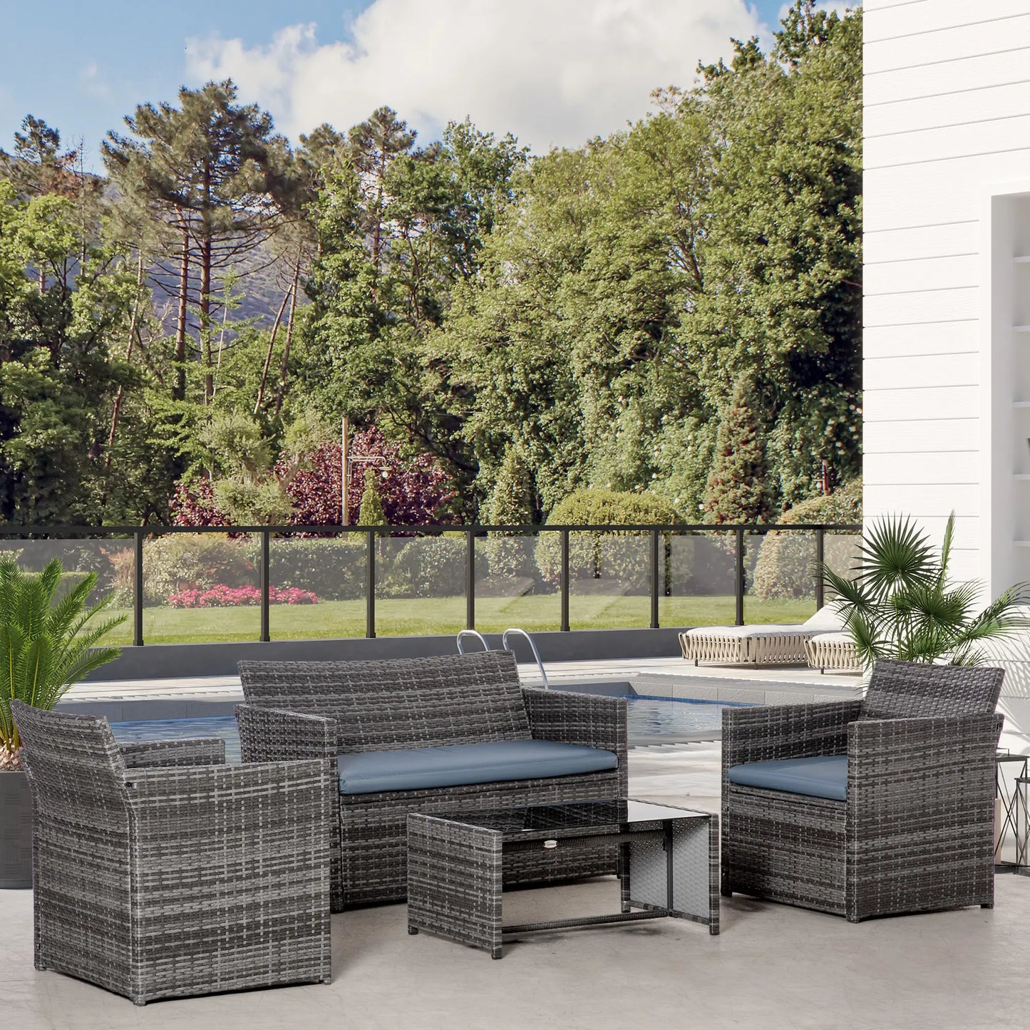 4 Pieces Patio Furniture Set with Cushions, Outdoor PE Rattan Wicker Conversation Garden Sofa Set with 2-Seater Chairs & Glass Coffee Table, Grey