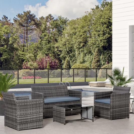 4 Pieces Patio Furniture Set with Cushions, Outdoor PE Rattan Wicker Conversation Garden Sofa Set with 2-Seater Chairs & Glass Coffee Table, Grey