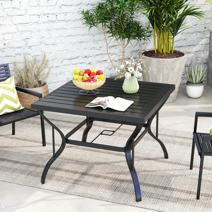 37" Square Outdoor Dining Table, Galvanized Steel Patio Table with 2" Umbrella Hole, Slatted Metal Top, Black