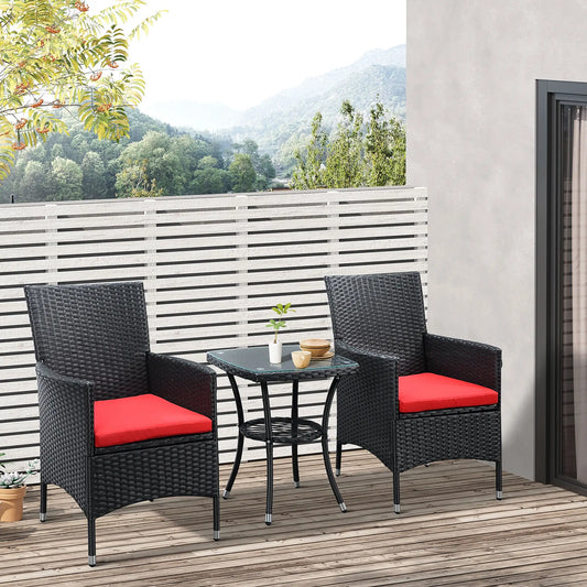 3-Piece Wicker Patio Furniture Set, Rattan Bistro Set with Glass Top Table and Cushions, Outdoor Conversation Set for Garden, Porch, Balcony, Red.